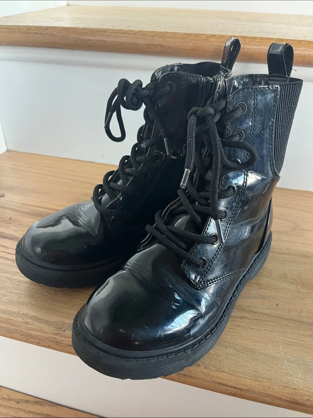 art class Black Patent Lace-Up Kids Rain & Snow Boots